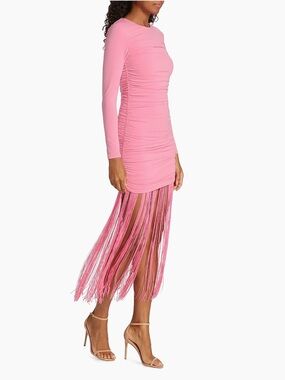 ALICE + OLIVIA Katherina Fringe Mini Maxi Dress Pink Ruched Long Bodycon Size 0